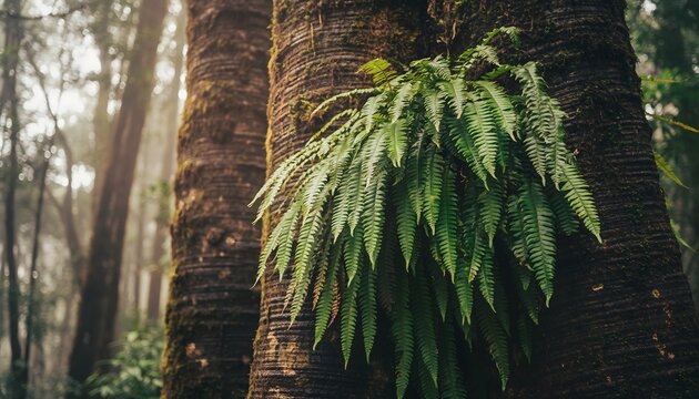 Bird&rsquo;s nest fern (Asplenium nidus) growing naturally attached to a tree trunk in a tropical rainforest. The natural ecosystem of humid tropical forests. 