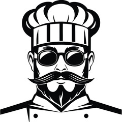 Detailed illustration reveals a chef wearing glasses and a large mustache in black and white