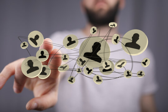 Hand pressing network connections with social network for communication in business, seo and global internet, innovative interface.