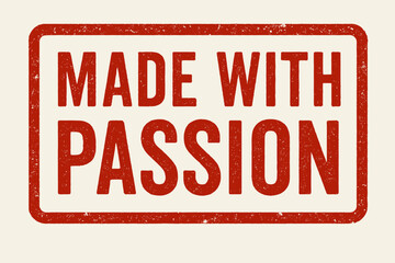 Rectangular label MADE WITH PASSION condensed font red distressed texture classic print look