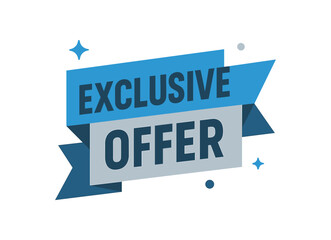 Flat vector banner design text Exclusive Offer bold geometric font blue and gray palette ribbon folded shape