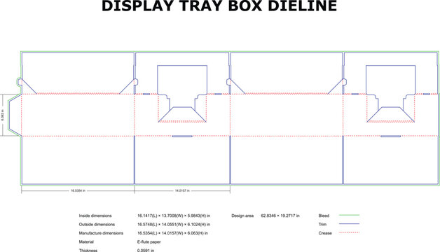 Display tray box dieline with pop-up header, flat packaging template