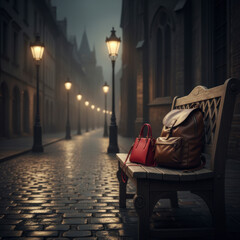 A woman's handbag and a leather backpack lie on a bench