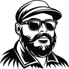 Bearded man in a cap wearing glasses looks forward in a black and white image