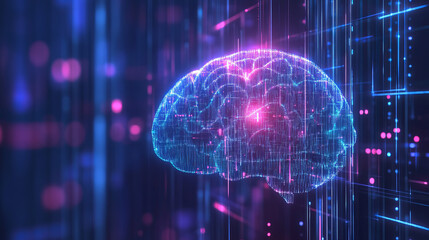 Digital representation of a human brain glowing with neon colors in a futuristic environment filled with data streams and geometric patterns