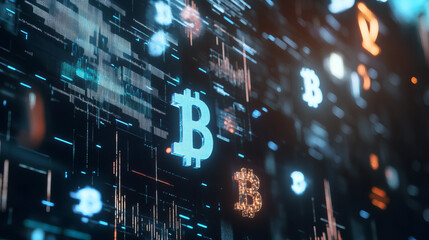 Abstract digital cryptocurrency background with glowing bitcoin symbols and technological elements in a modern setting