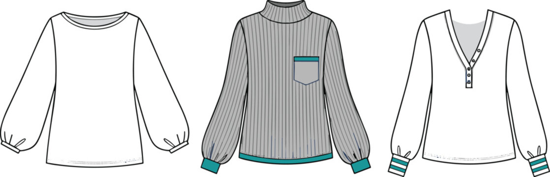 Women’s long sleeve tops illustration, wide neck, high collar, V-neck styles, fashion blouse vector for apparel design and catalog use