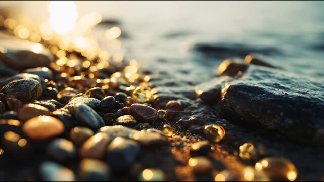 Golden Sunlit Pebbles And Wet Stones On Shoreline At Sunset