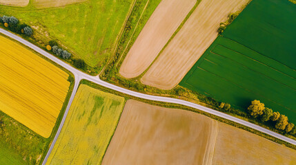 Colorful farmland fields with winding roads shown from above in a bright daytime scene