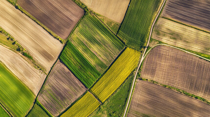 Colorful patchwork of agricultural fields in rural landscape during daytime