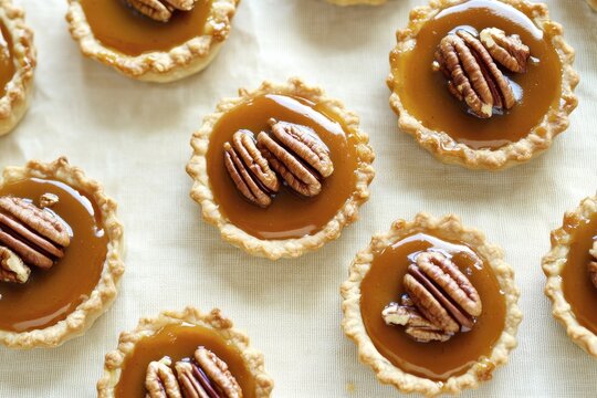 Delicious pecan caramel tarts on light background - perfect for dessert lovers