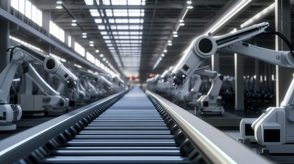 Industrial robots operating on a conveyor belt in a modern manufacturing facility during daytime