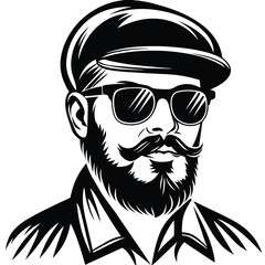Bearded man with a mustache, wearing sunglasses and a cap looks stylish