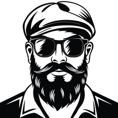 Bearded man wearing a flat cap and sunglasses is displayed in a monochrome portrait