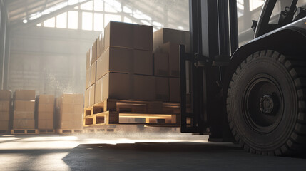 Forklift moving boxes in a spacious warehouse during daylight hours