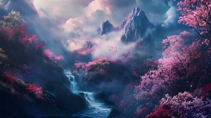 Misty Mountain Valley with Waterfall and Cherry Blossoms Photo
