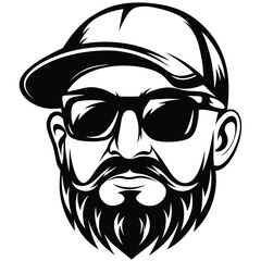 Bearded man wearing a cap and sunglasses features strong mustache, beard, and black silhouette