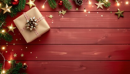 Festive gift box arrangement on wooden table holiday season decorative content cozy environment top view celebration concept for seo impact