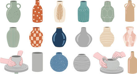 Pottery and ceramic vases vector set with handcrafted clay pots, textured decorative vessels and hands shaping pottery on wheel artisan design