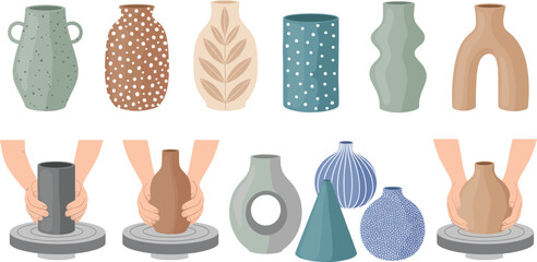 Pottery making vector set with ceramic vases, clay pots, hands shaping pottery on wheel, handmade boho decor and artisan ceramics design