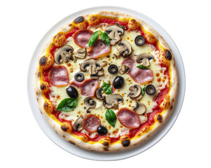 A realistic top-down view of a whole Quattro Stagioni pizza on a clean white plate,