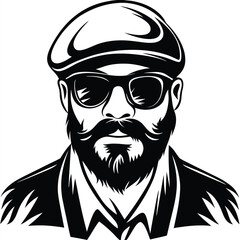 Bearded man in cap and sunglasses presents a stylish retro monochrome aesthetic