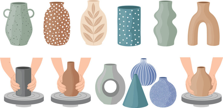 Pottery making vector set with ceramic vases, clay pots, hands shaping pottery on wheel, handmade boho decor and artisan ceramics design