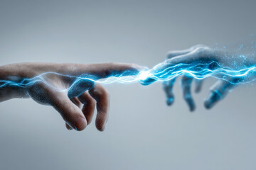 Human hand connecting with futuristic robotic hand creating a glowing electric energy flow symbolizing technology interaction and digital communication