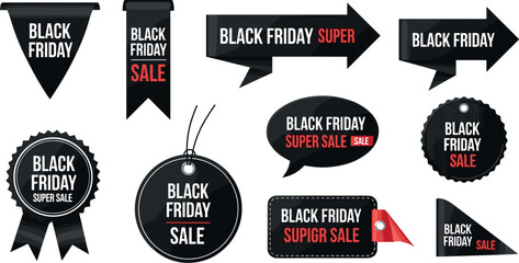 Collection of black Friday sale tags and labels with promotional text for retail marketing