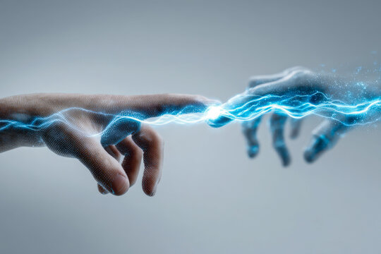 Human hand connecting with futuristic robotic hand creating a glowing electric energy flow symbolizing technology interaction and digital communication