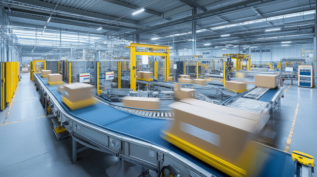 Automated packaging line filling boxes, robotic arms placing products, conveyor belts, clean bright factory lighting, efficient industrial workflow.