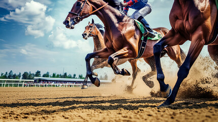 Exciting horse race taking place on a sunny day at a local racetrack with jockeys in colorful attire
