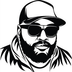 Black bearded man wearing sunglasses and a cap looks striking in this monochrome drawing