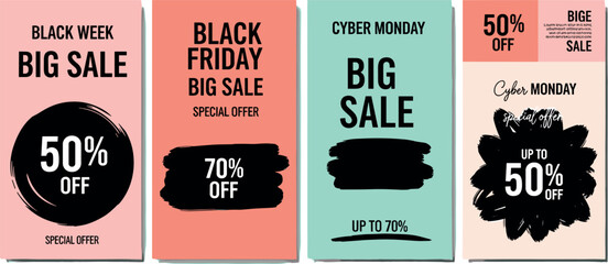 Collection of four Black Friday and Cyber Monday big sale promotional banners with 50% off discounts, creative brush stroke designs and vibrant color backgrounds for marketing