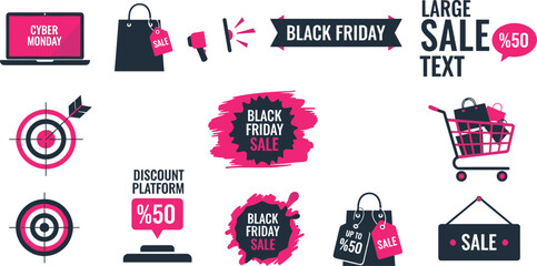 Vibrant vector set of e-commerce and retail sales promotion icons, featuring shopping bags, discount labels, sale banners, and online transaction symbols for dynamic marketing