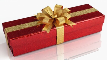  Classic Christmas gift wrapped in red paper with golden bow, centered on bright backround