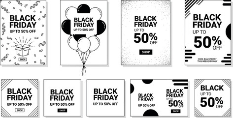 Collection of diverse Black Friday sale promotion banners and templates, featuring modern geometric and minimalist designs for huge discounts and shopping event advertising