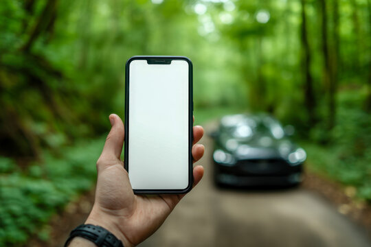 Person holding smartphone with blank screen on forest road with blurred car in background on a bright green day in nature - Powered by Adobe