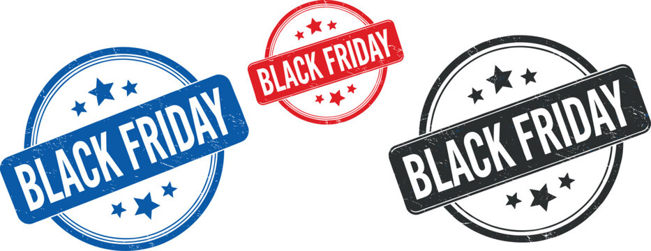 Dynamic collection of three distinctive stamp illustrations, clearly announcing the eagerly awaited Black Friday sales event with strong visual appeal for promotional campaigns