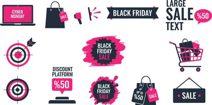 Vibrant vector set of e-commerce and retail sales promotion icons, featuring shopping bags, discount labels, sale banners, and online transaction symbols for dynamic marketing - Powered by Adobe