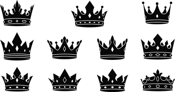 Royal crown silhouettes vector set with elegant black king and queen crowns for luxury monarchy emblem, logo and regal design
