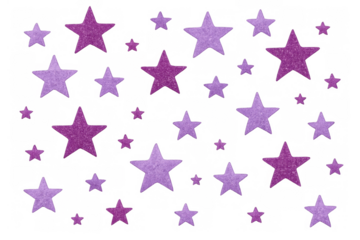 Purple and lilac glitter stars falling confetti pattern on transparent background with sparkling texture