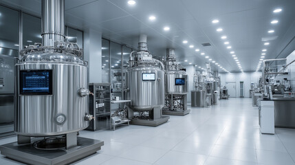 Clean futuristic pharmaceutical manufacturing lab, stainless steel reactors, soft white lighting, sterile industrial environment, precision instruments.