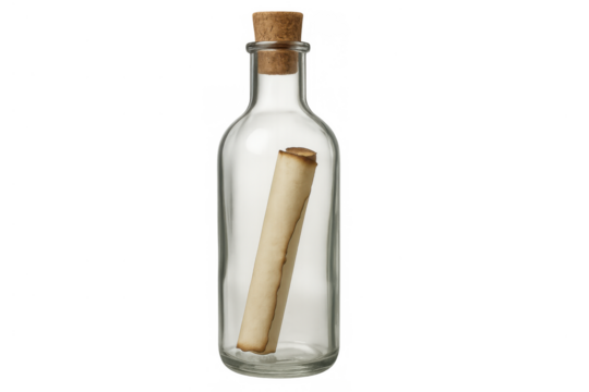 Glass bottle containing a rolled old paper scroll, cork sealed message in a bottle isolated on transparent background