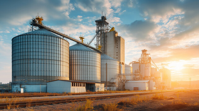 Grain processing plant with silos, conveyors, grain dryers, warm sunlight, dust particles, detailed agricultural-industrial environment.
