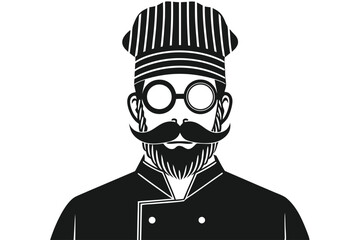 Bearded chef with mustache, wearing glasses and hat is designed in black tone