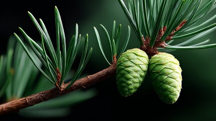 Two green pine cones are hanging from a branch. The pine cones are green and appear to be fresh