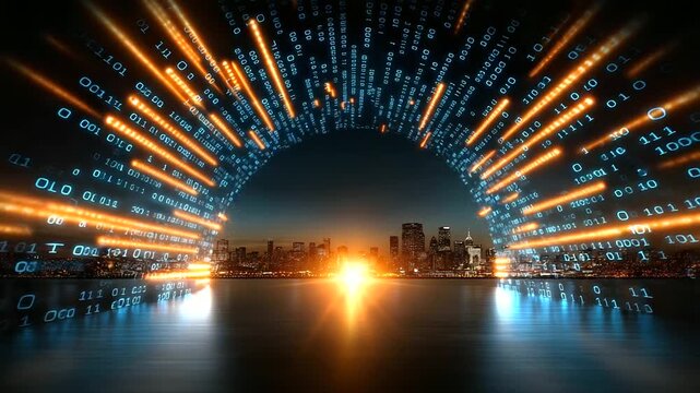 Abstract illustration showcases binary code pattern in blue and orange, digital information systems and complex tech, data flow and computer network, futuristic tunnel opens to cit