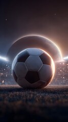 Fototapeta premium Dramatic soccer ball on field at night, stadium lights shining bright, ready for the game, sports excitement, team spirit, victory is near