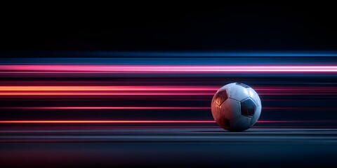 Dynamic soccer ball on a futuristic neon speedway, symbolizing speed and energy for sports marketing, game design, and athletic performance visuals
